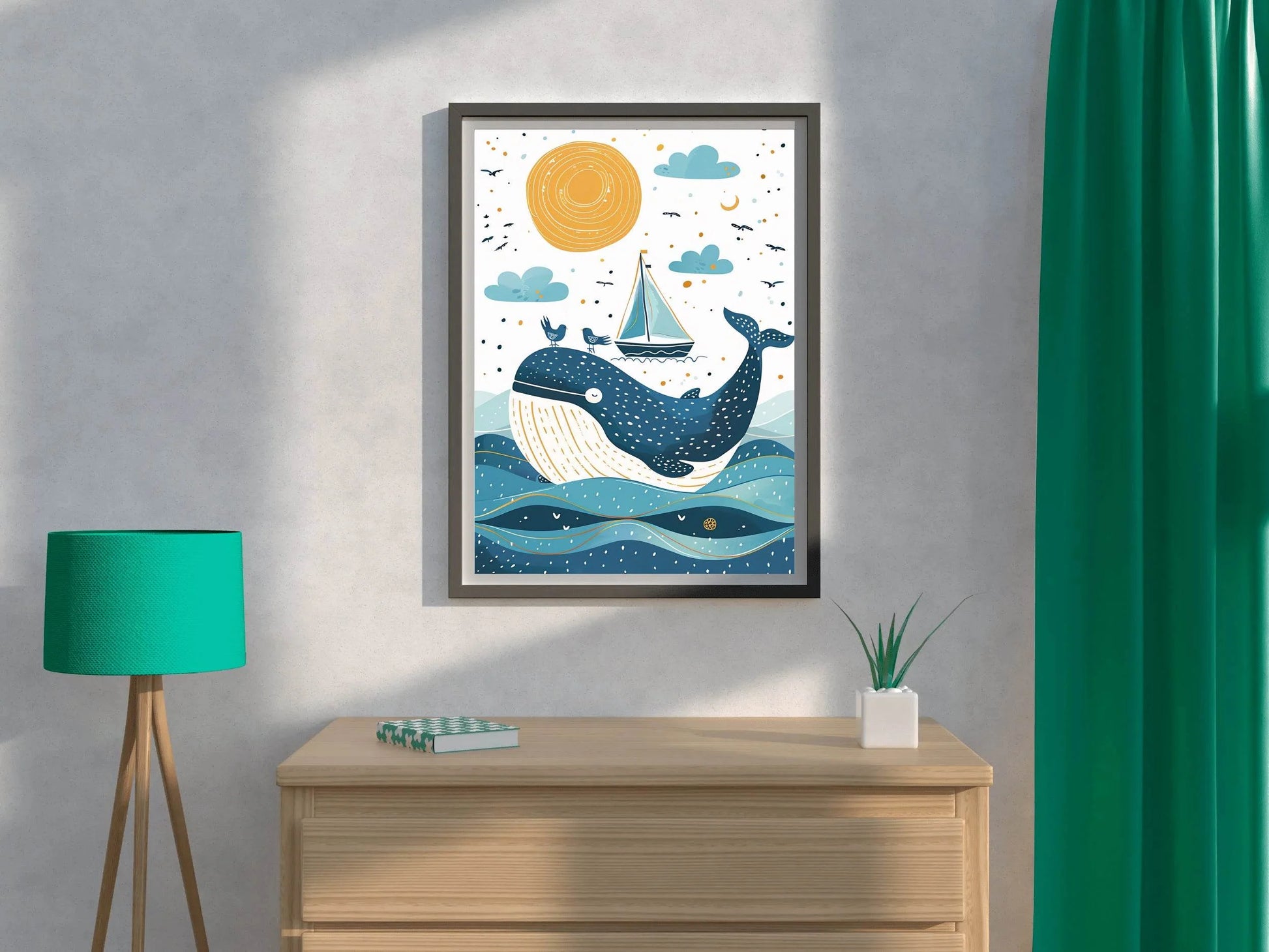 Painting of Blue Whale and a Boat in the Oean - beink online art store