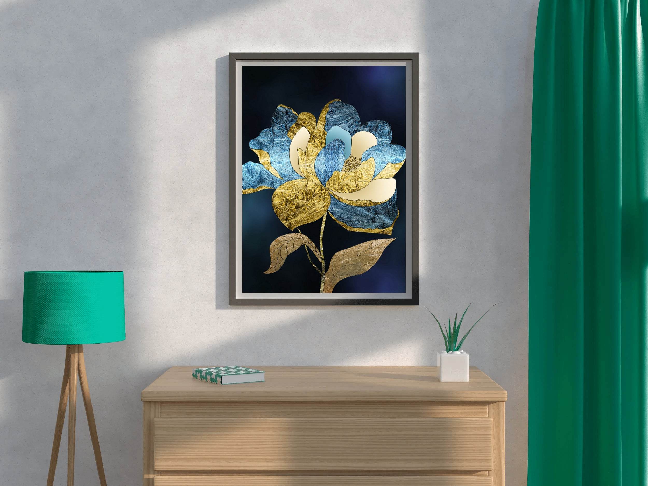 Golden and Blue Flower Modern Wall Art - beink online art store