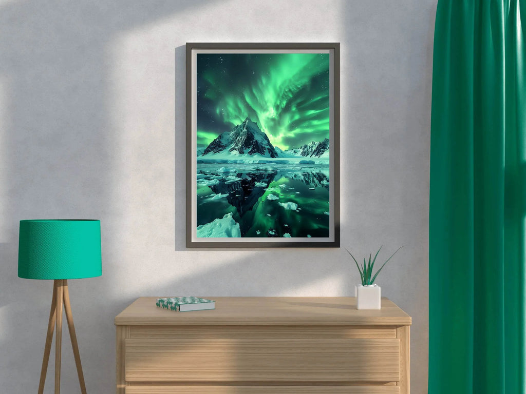Green Northern lights with view ocean - beink online art store