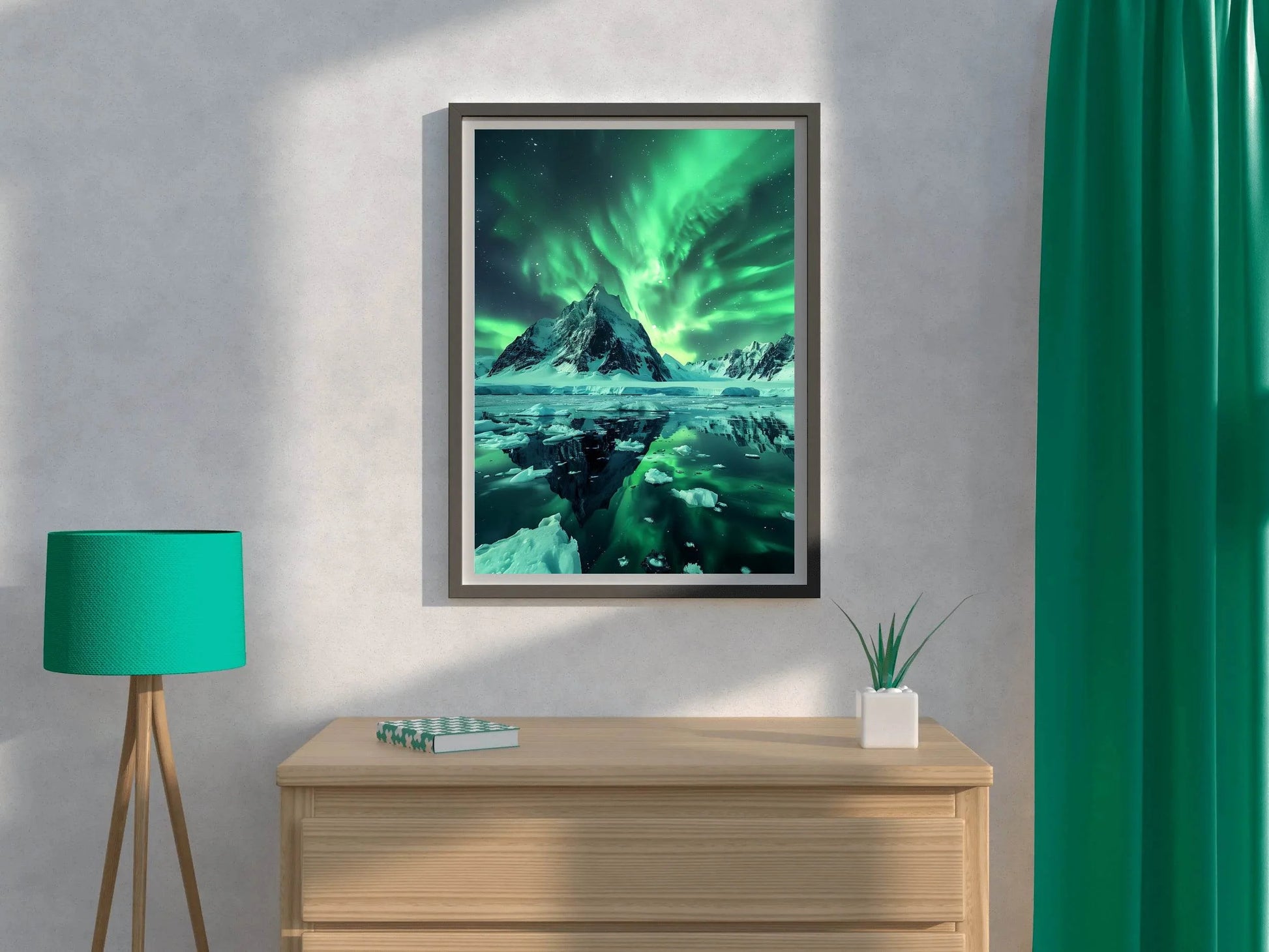 Green Northern lights with view ocean - beink online art store
