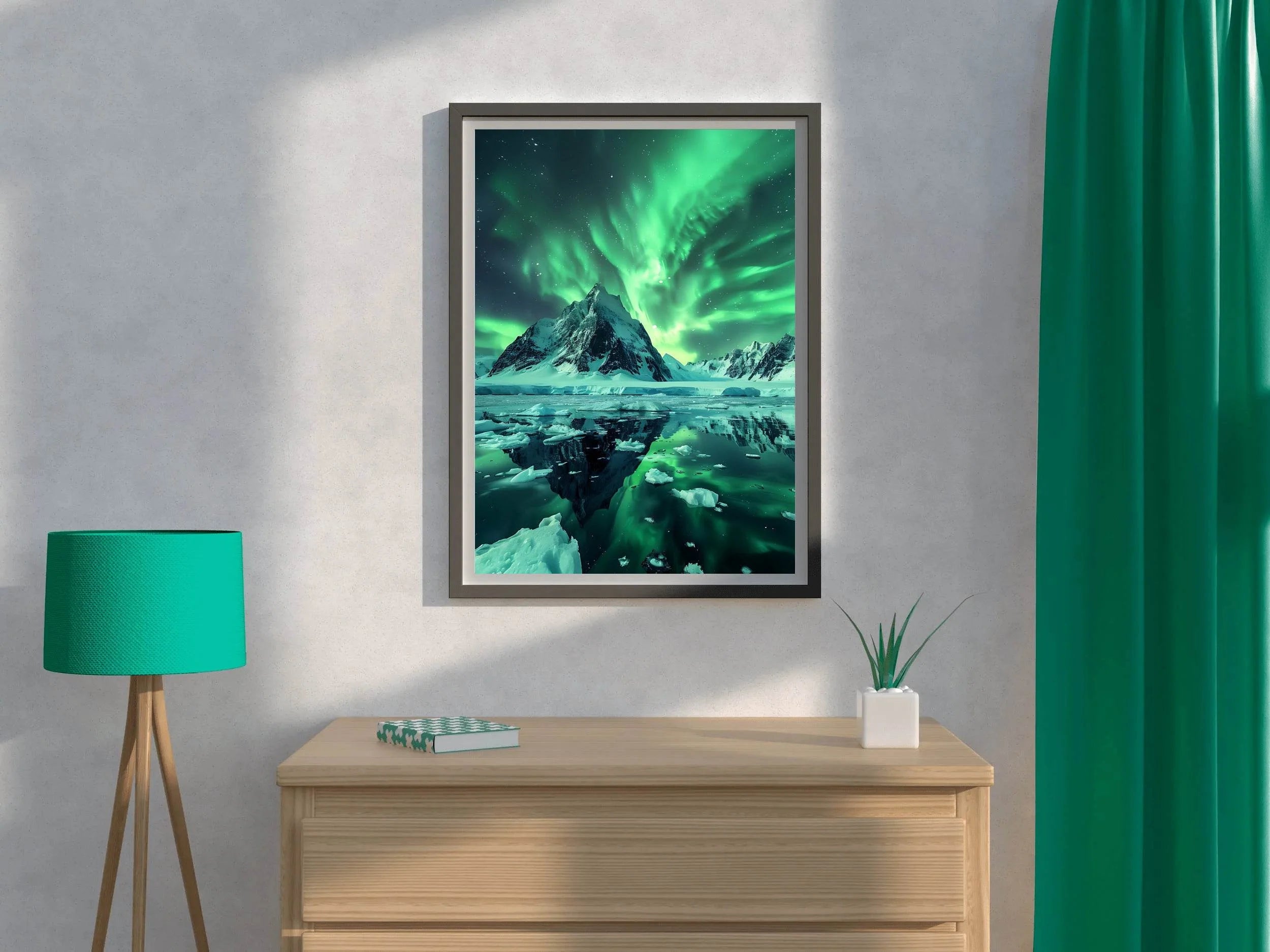 Green Northern lights with view ocean - beink online art store