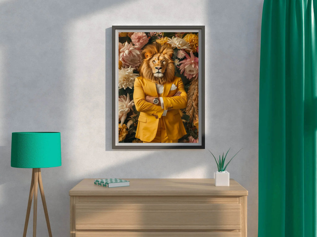 Lion in Yellow Coat With Floral Background - beink online art store