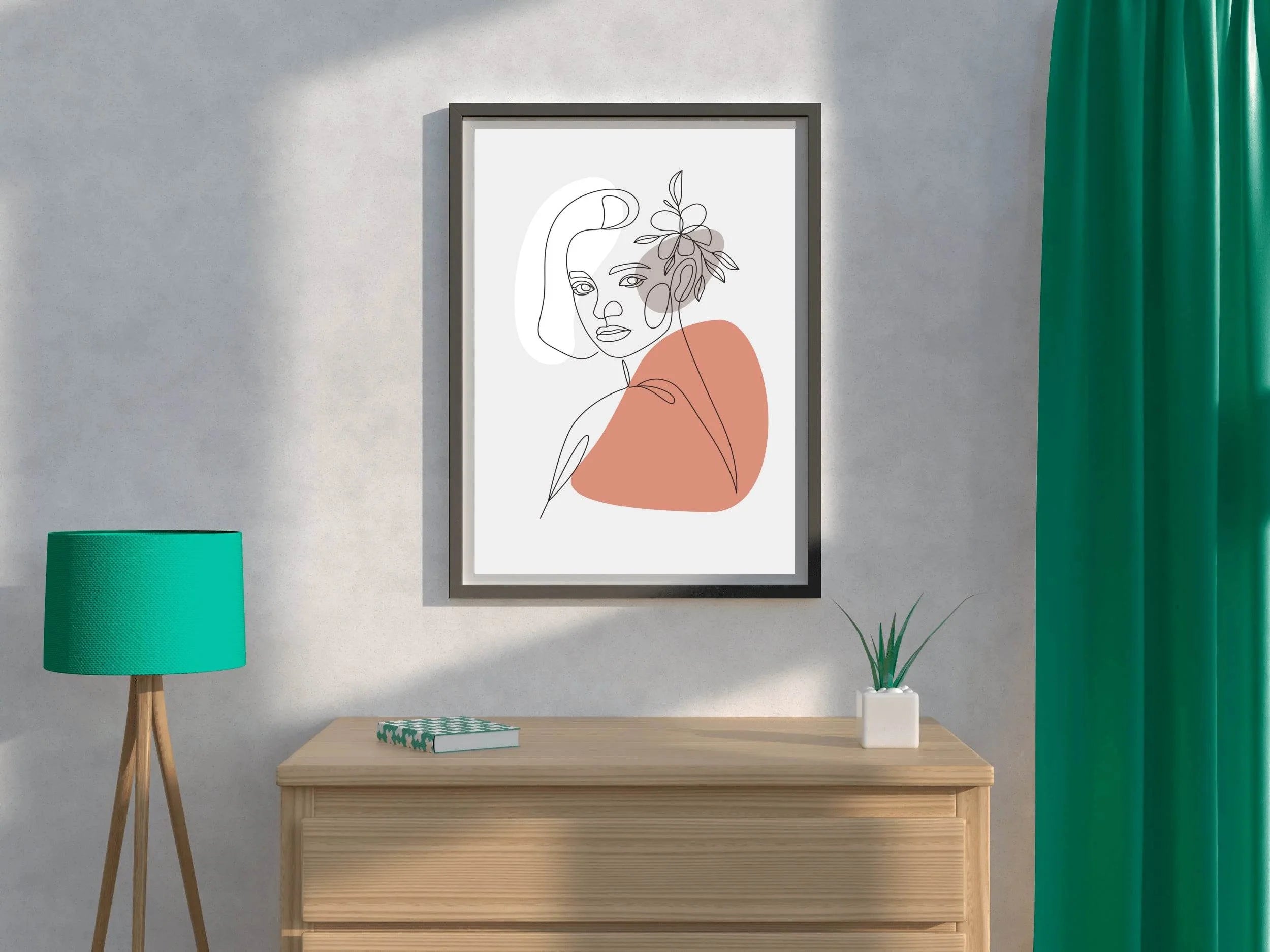 Beautiful Woman and Minimally Drawn Flowers Wall Art - beink online art store