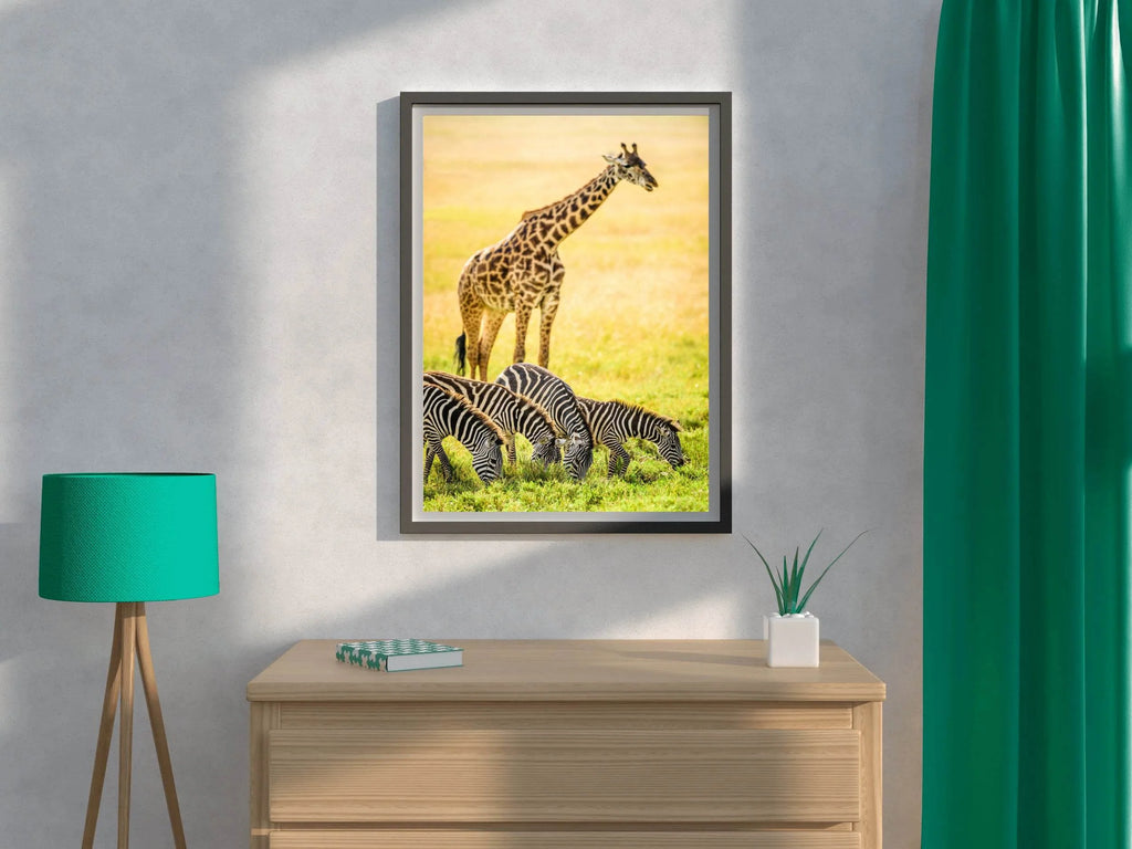 Northren Giraffe and Zebra Grazing in Savanna Wall Art - beink online art store