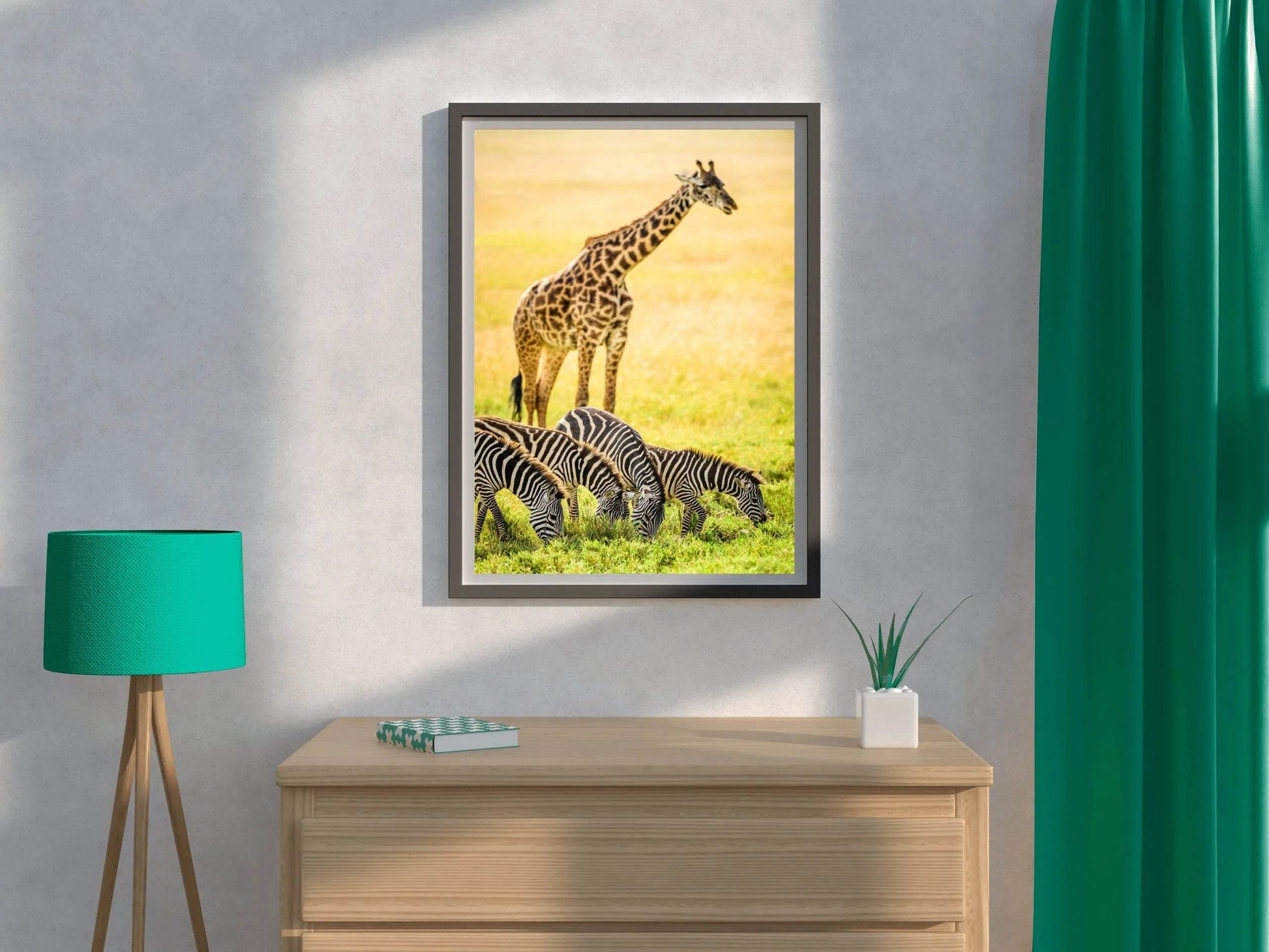 Northren Giraffe and Zebra Grazing in Savanna Wall Art - beink online art store