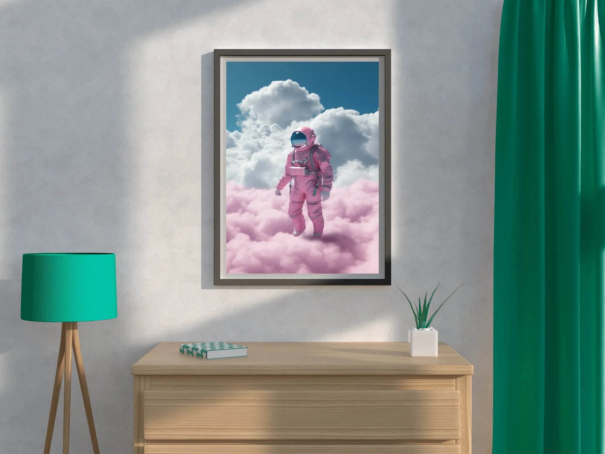 Astronaut in pink suit standing in a cloud Wall Art - beink online art store