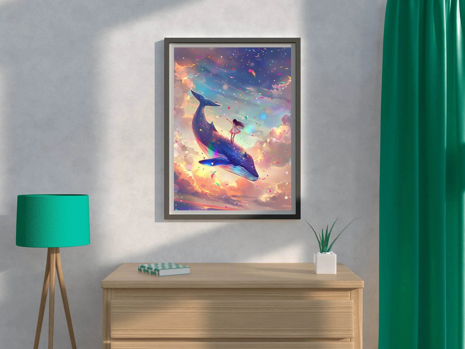 Illustration of a Girl Riding Colorful Whale - beink online art store