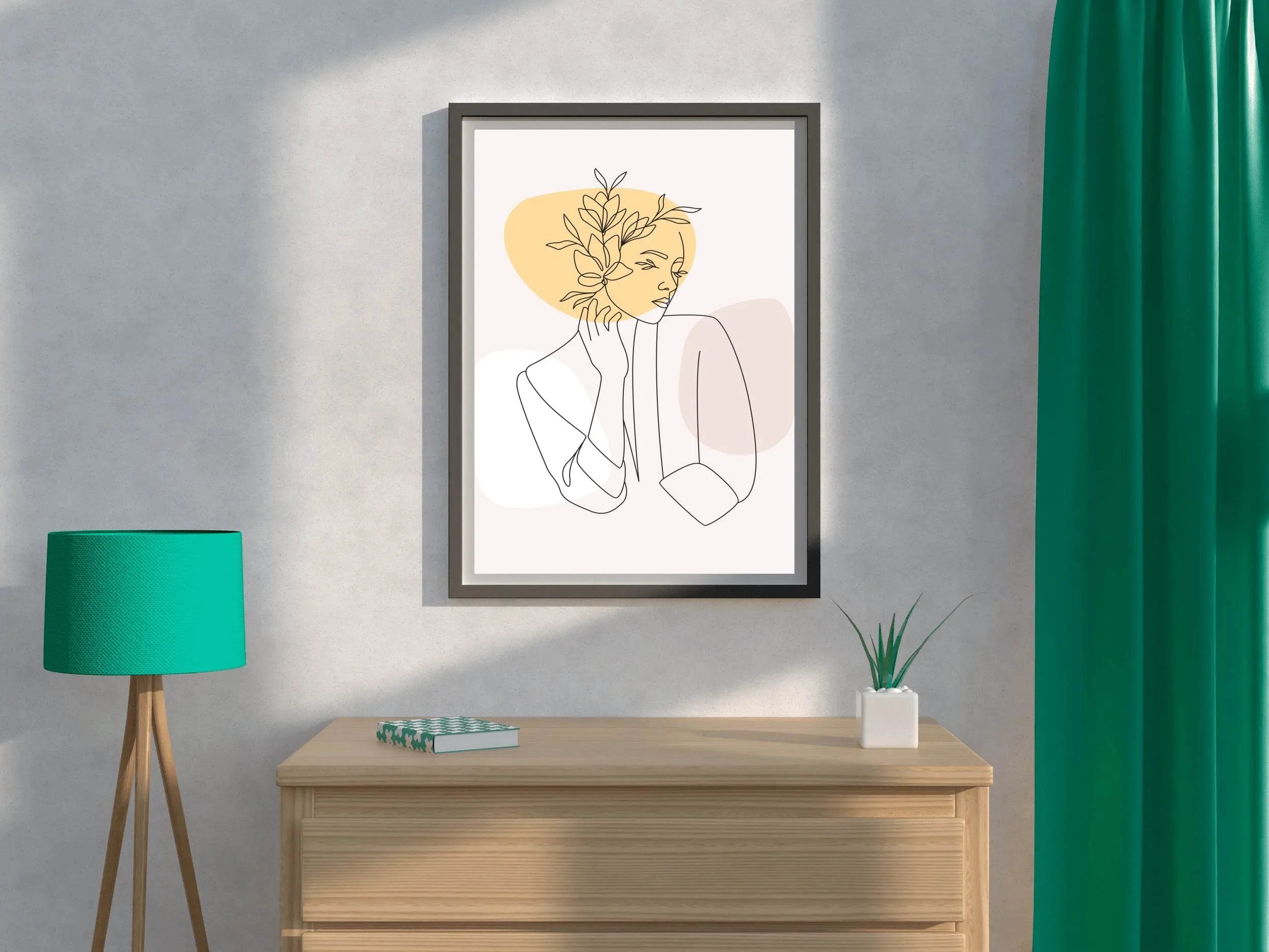 Line Art of Beautiful Woman's Face and Flowers - beink online art store