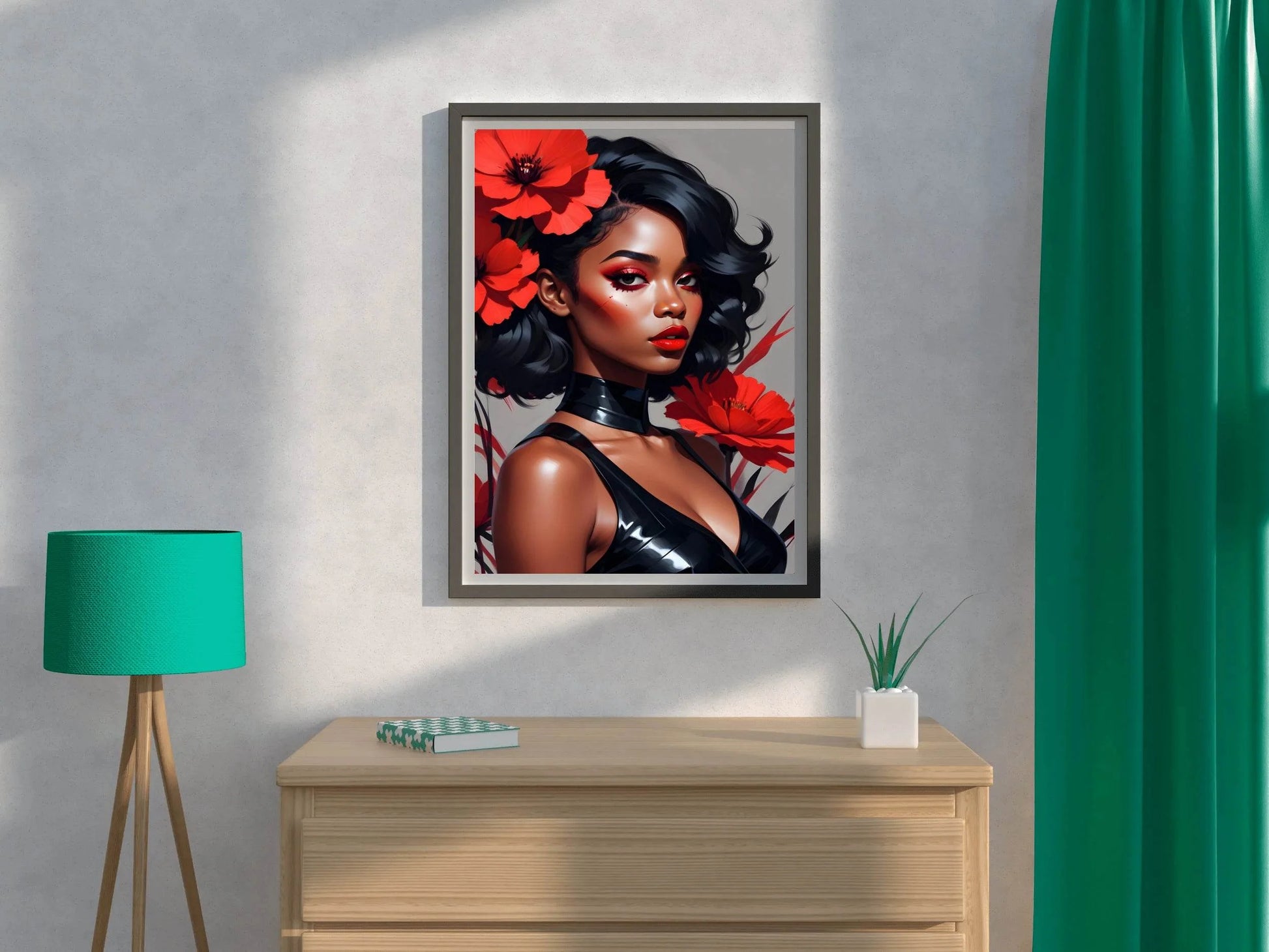 Abstract Style Anime Art of Black Girl with Red Flower Wall Art - beink online art store
