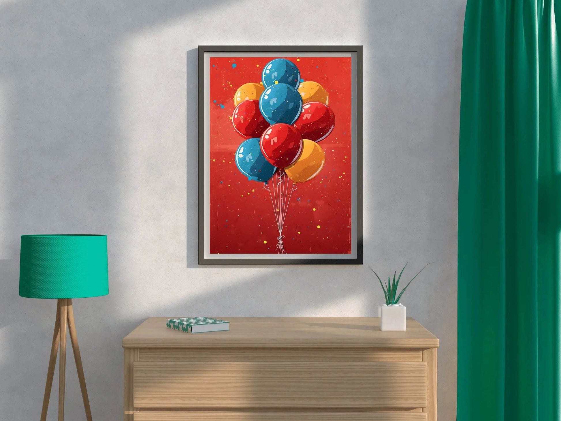 Illustration of Colorful Balloons with Red Background - beink online art store