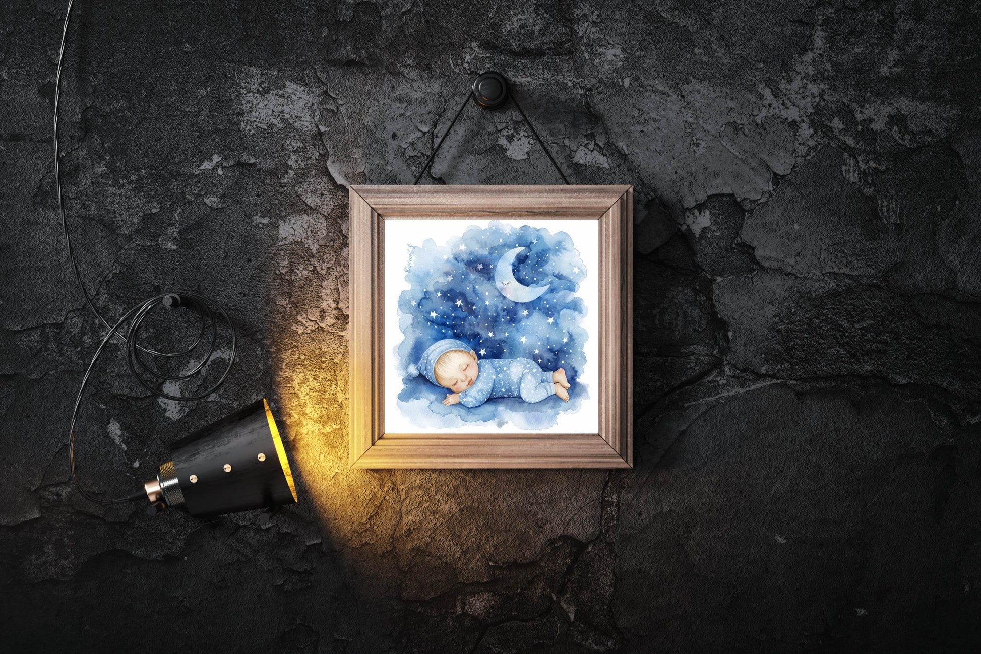 Watercolor Baby Sleeping On The Moon - beink online art store