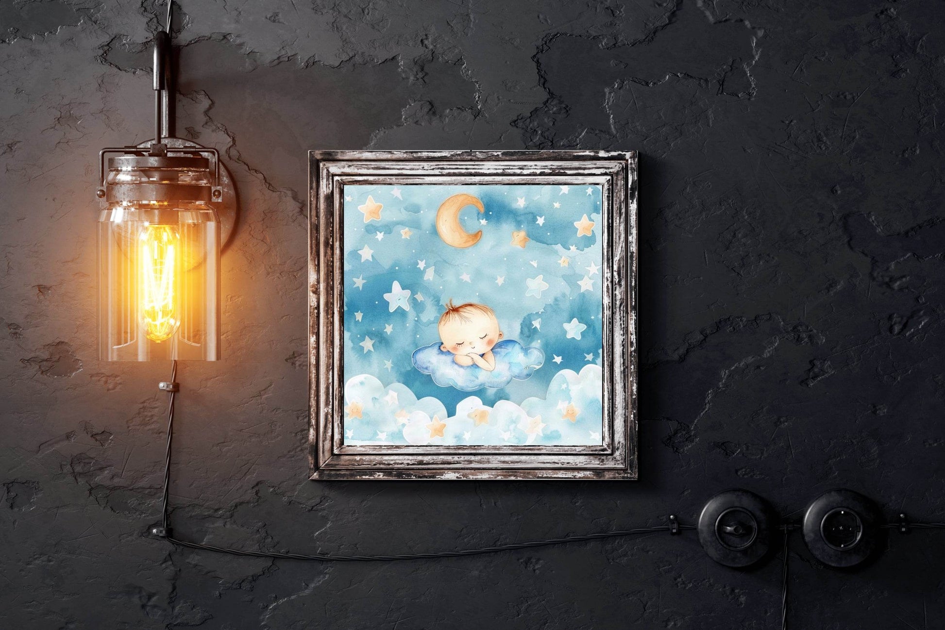Watercolor Painting of Little Baby Sleeping in Clouds - beink online art store