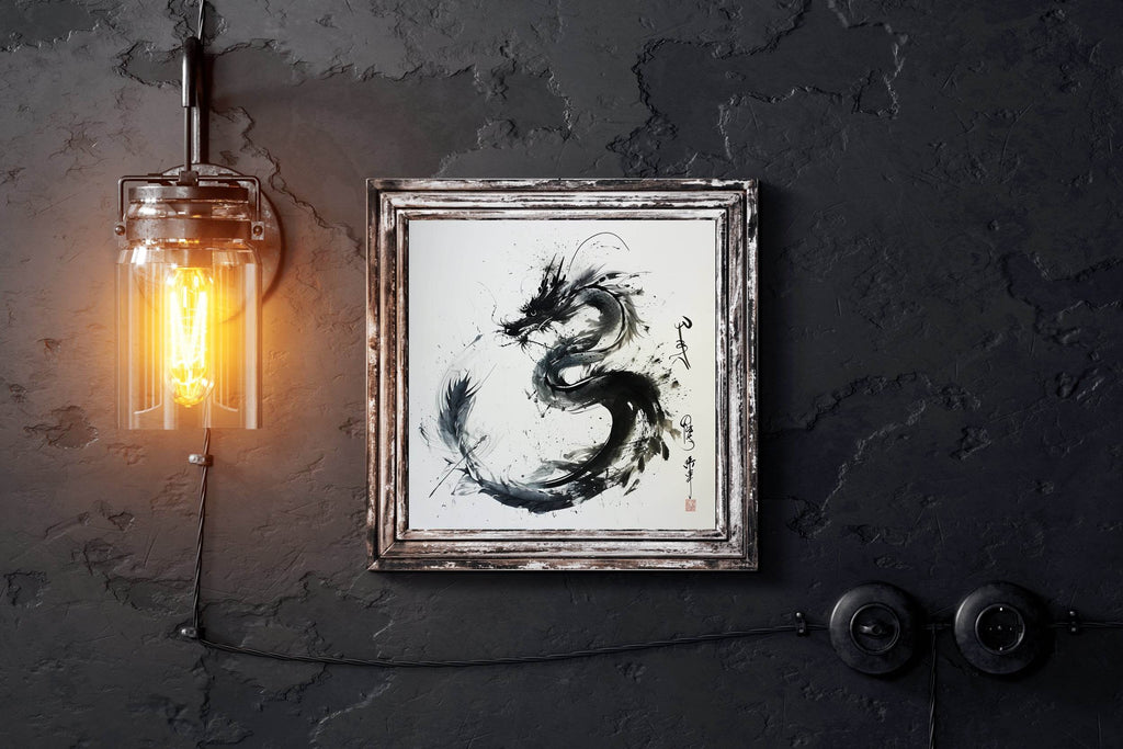 Black Watercolor Chinese Dragon Modern Wall Art - beink online art store