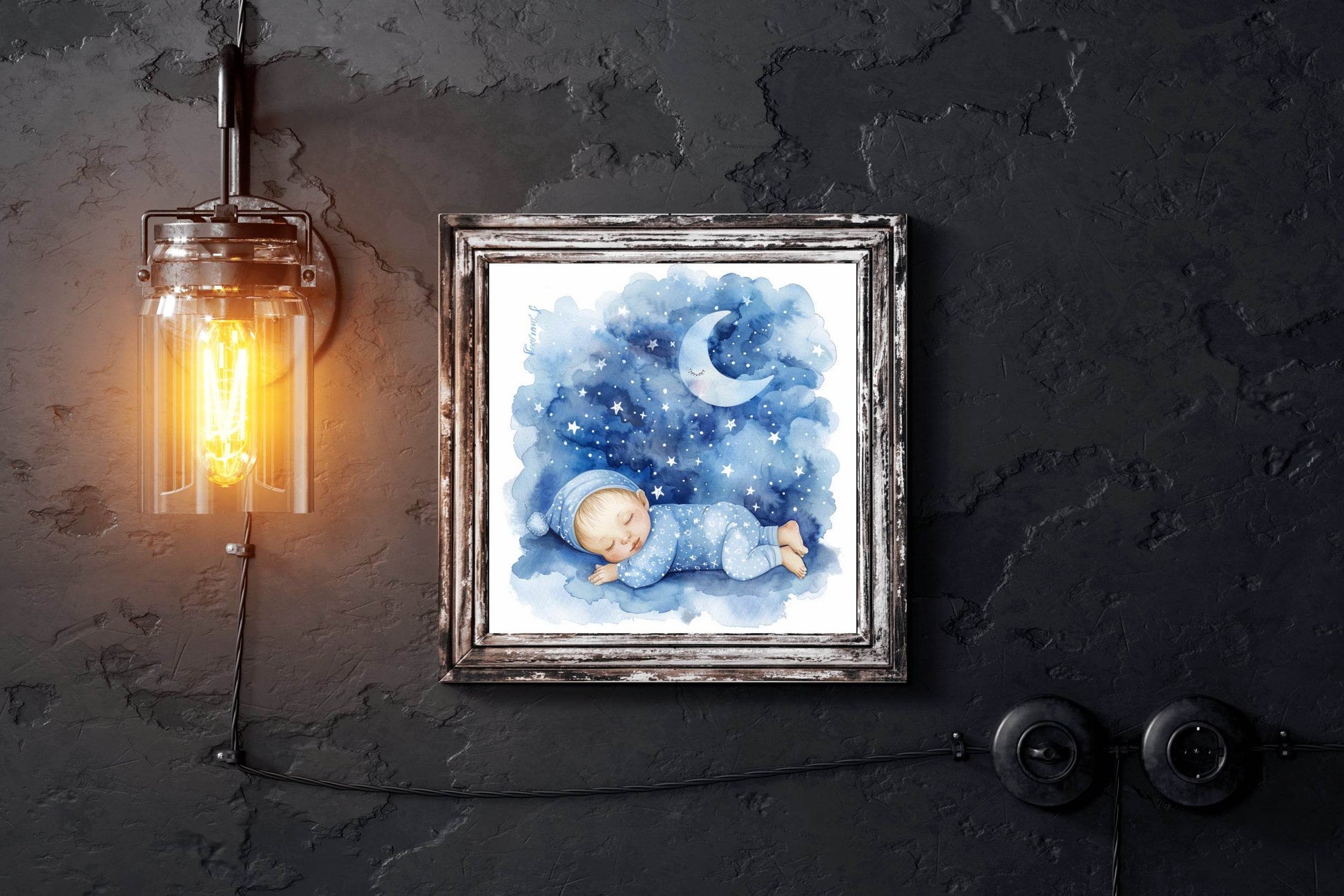 Watercolor Baby Sleeping On The Moon - beink online art store