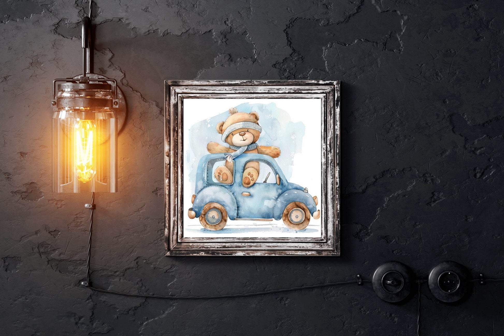 Drawing of Teddy Bear In Blue Car - beink online art store