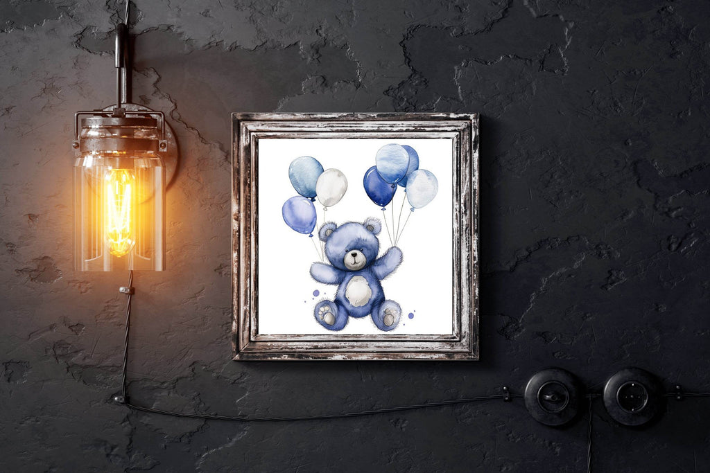 Painting of Purple Teddy Bear holding Balloons - beink online art store