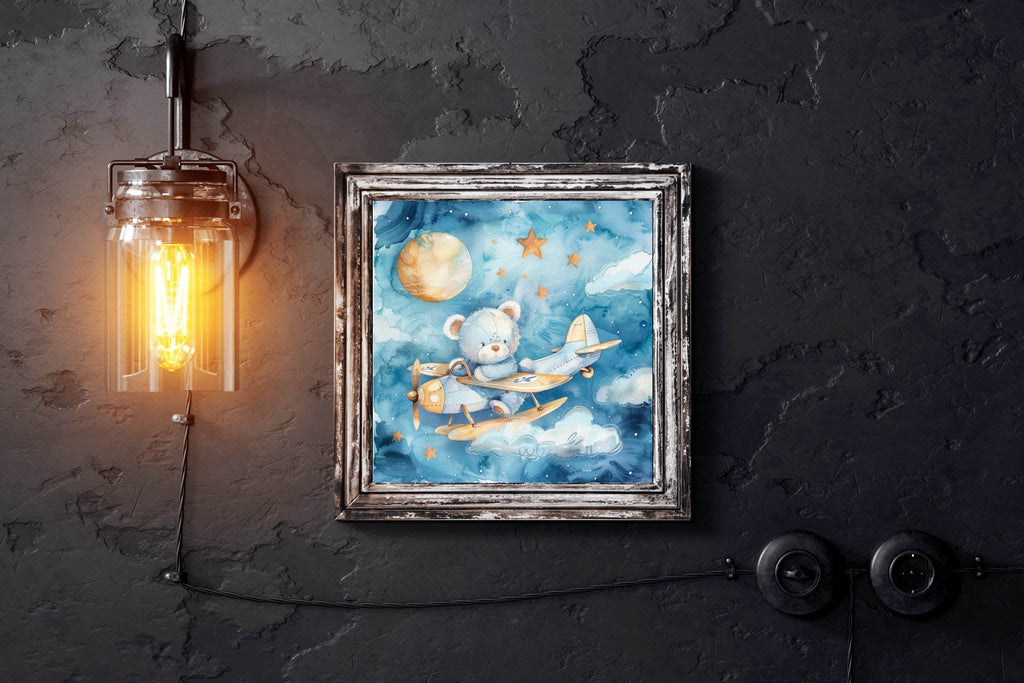 Watercolor Painting of Blue Teddy Flying Aeroplane - beink online art store