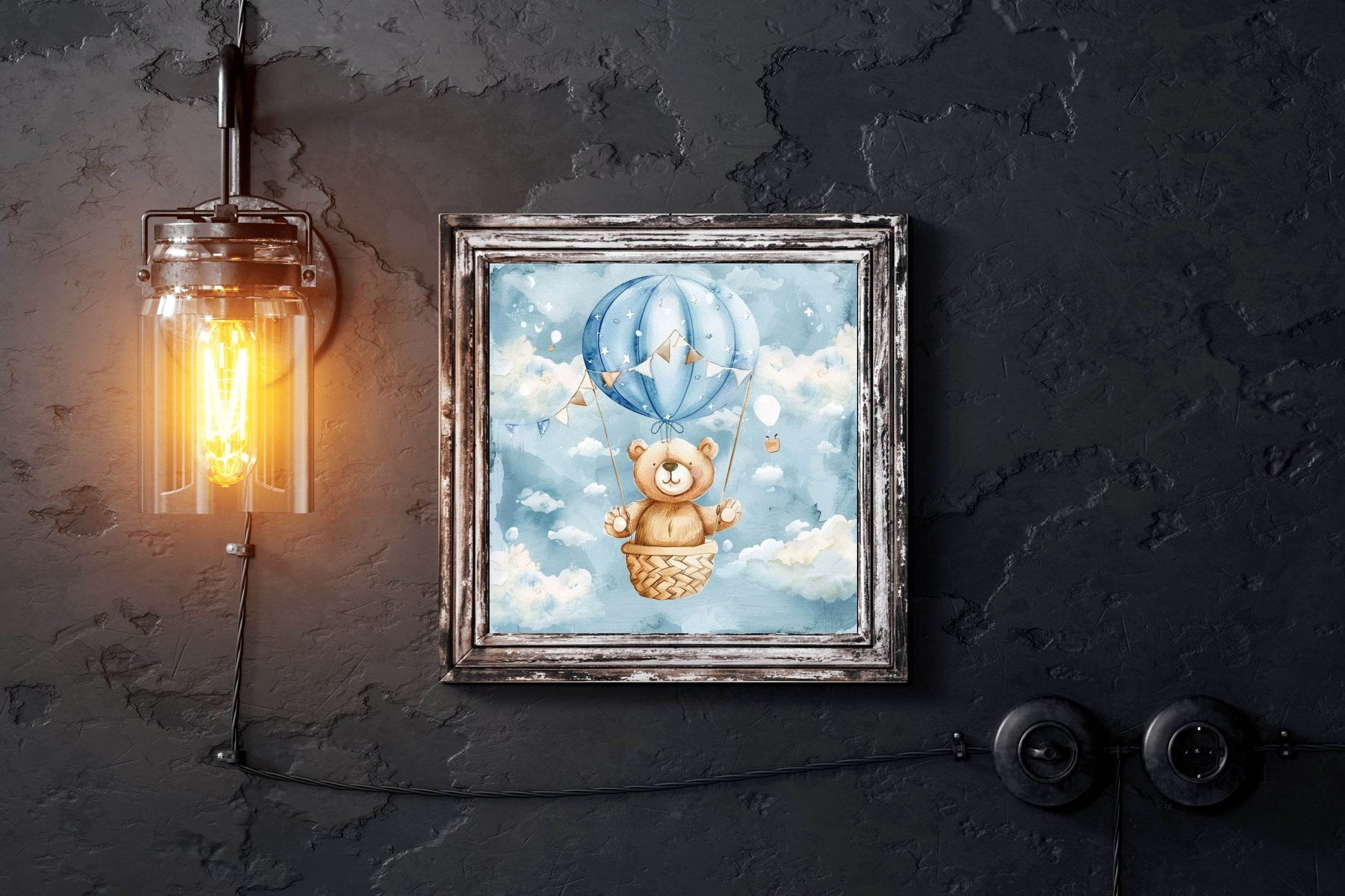 Watercolor Painting of Teddy in Hot Air Balloon - beink online art store