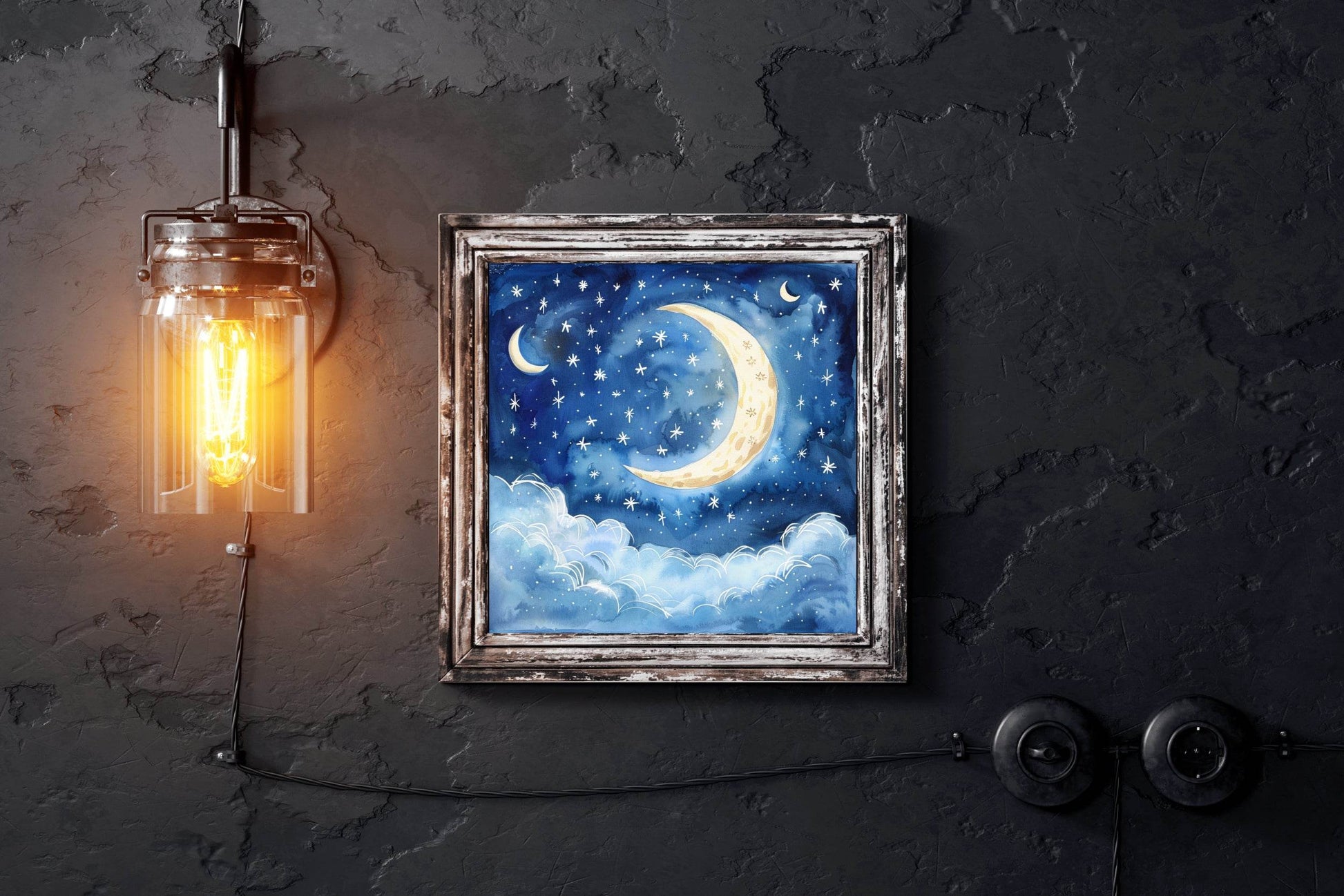 Watercolor Night Sky With Moon And Stars - beink online art store