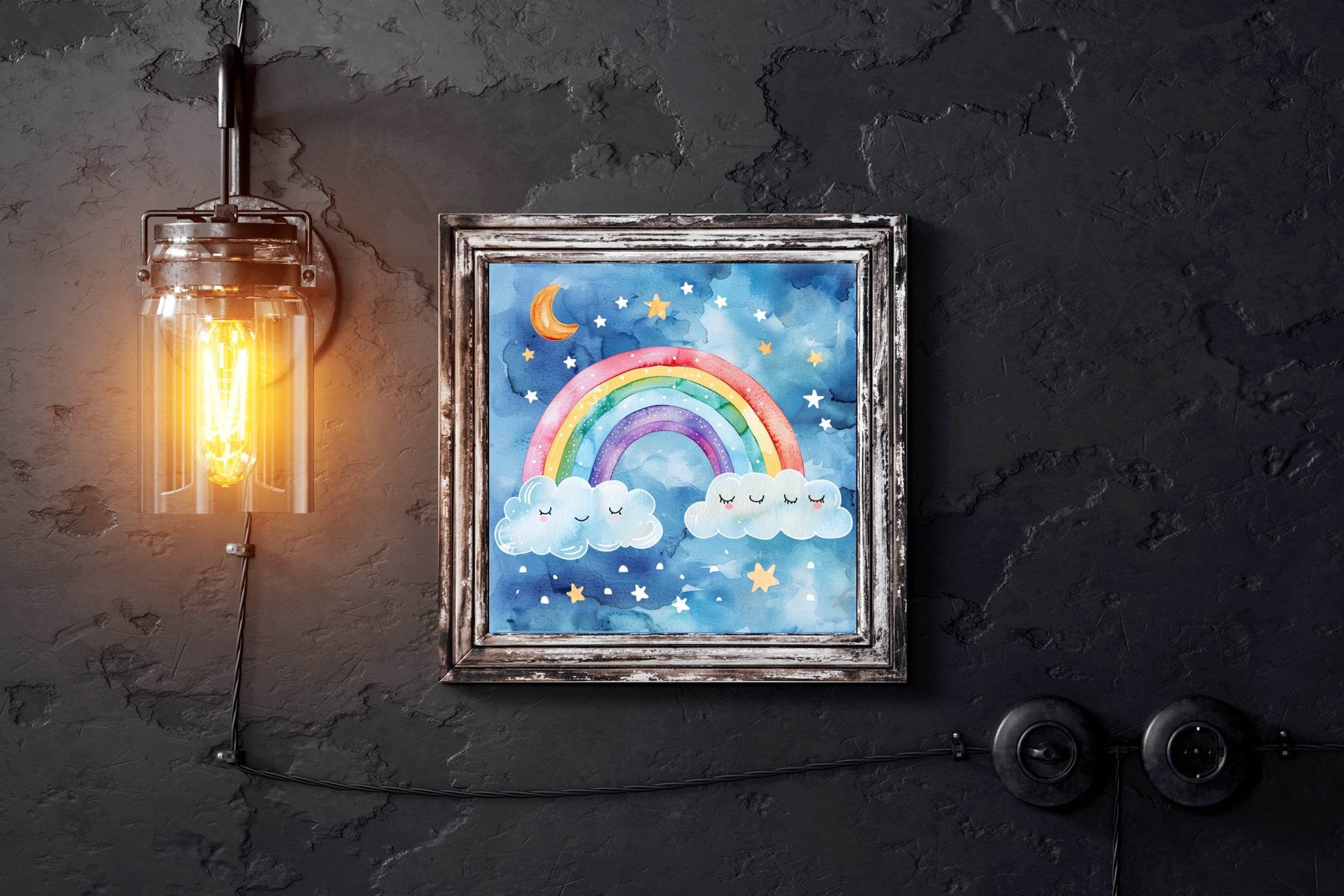 Rainbow and Clouds Watercolor Drawing Wall Art - beink online art store