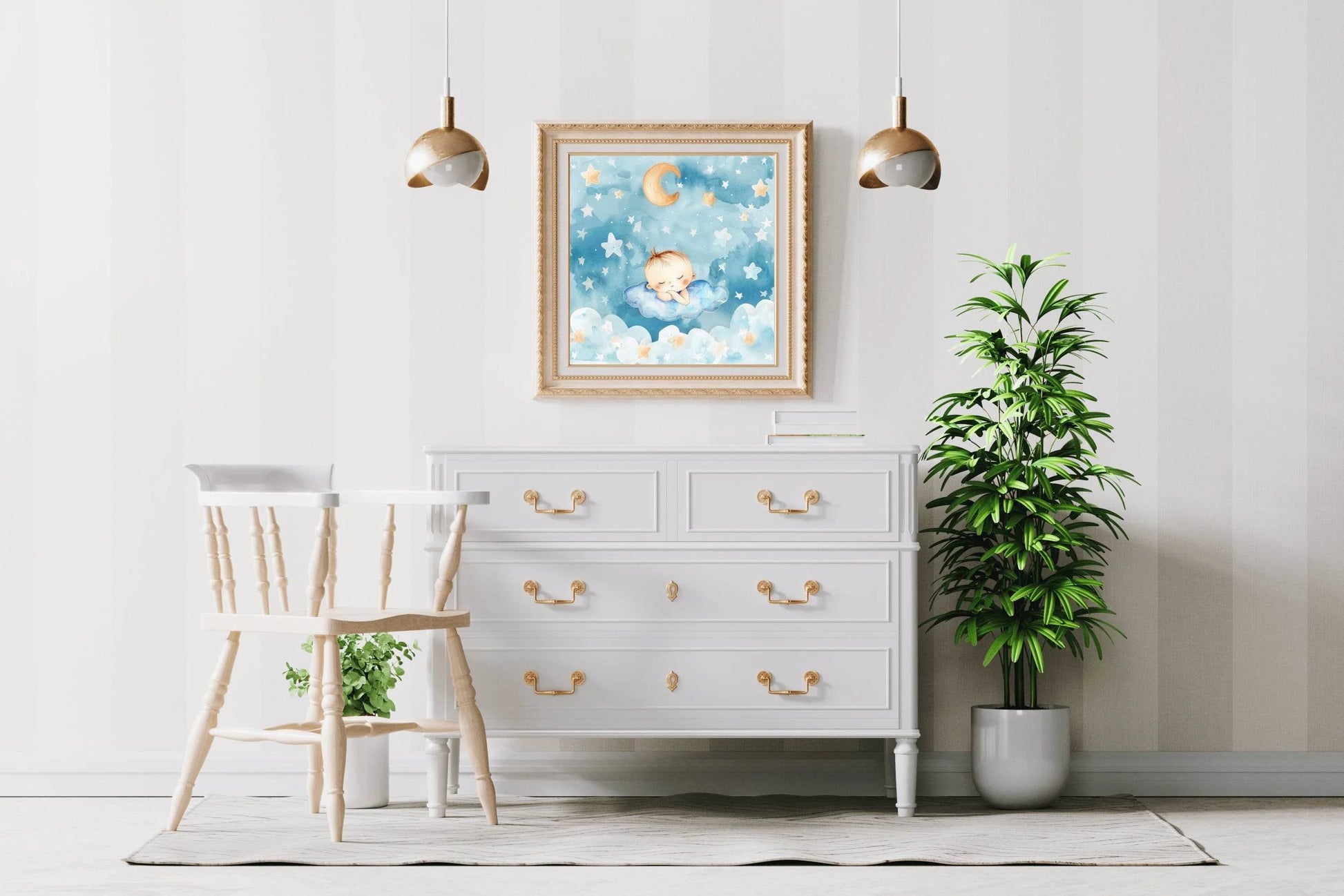 Watercolor Painting of Little Baby Sleeping in Clouds - beink online art store