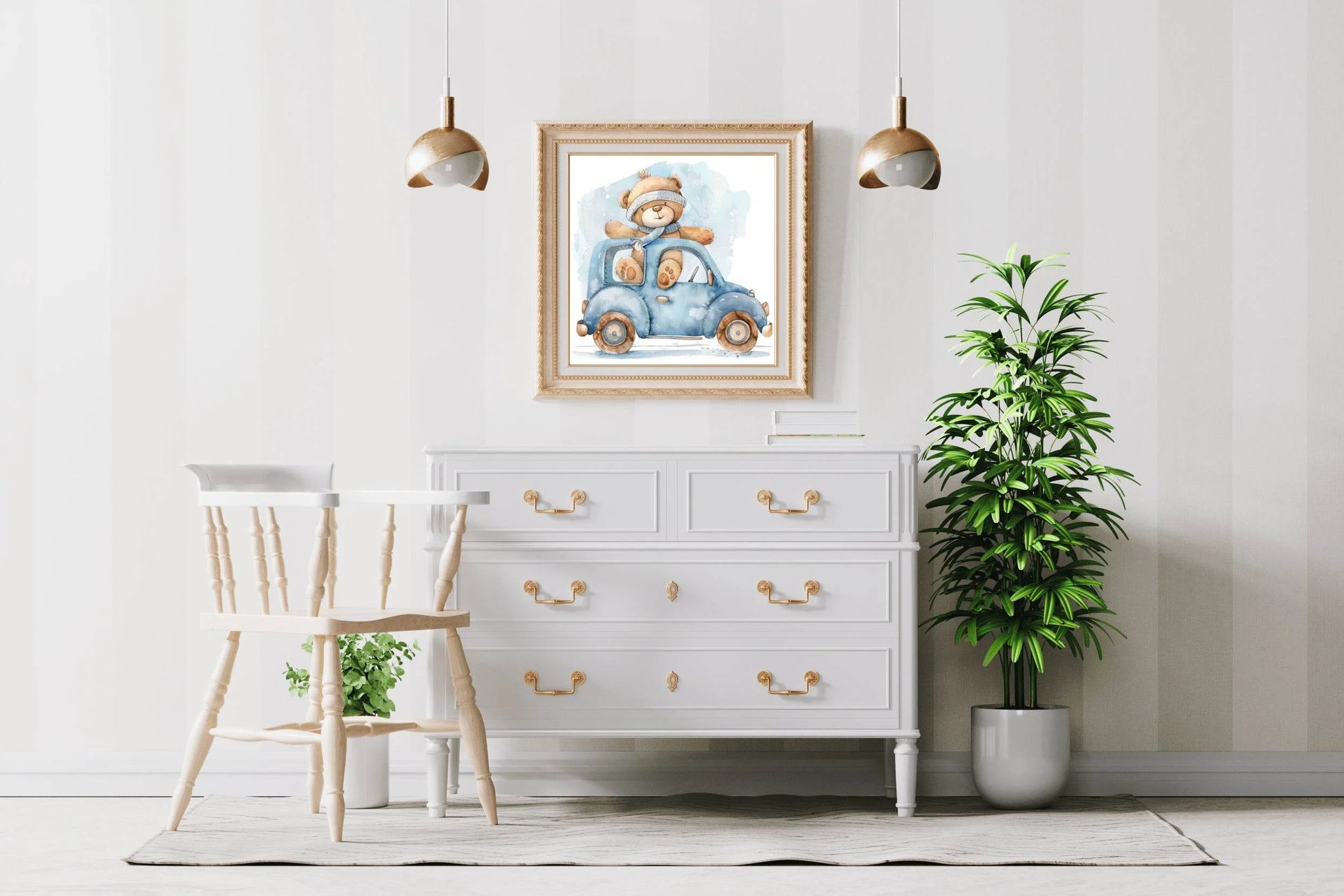 Drawing of Teddy Bear In Blue Car - beink online art store