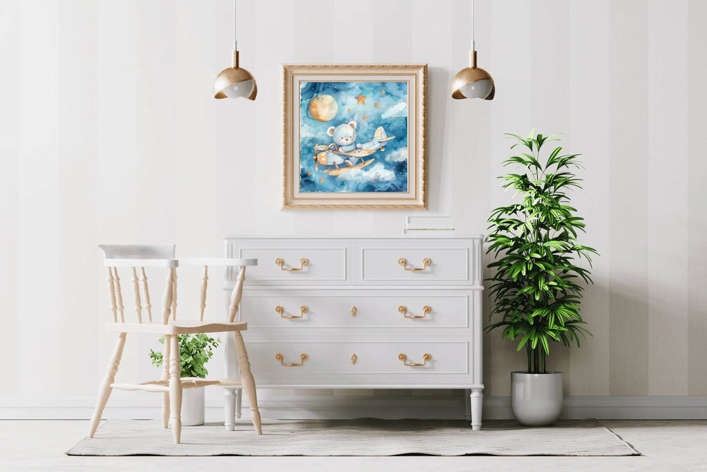 Watercolor Painting of Blue Teddy Flying Aeroplane - beink online art store