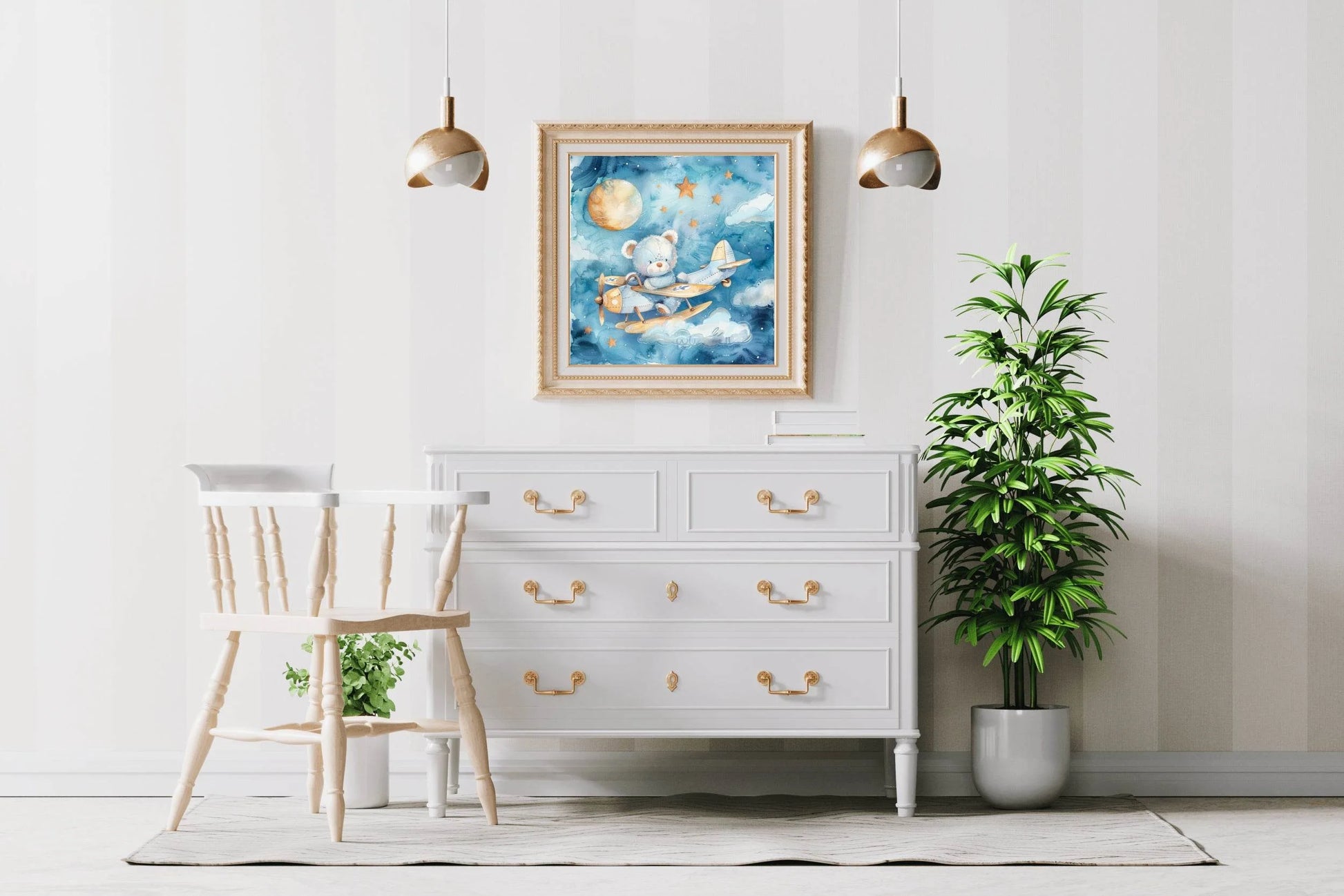 Watercolor Painting of Blue Teddy Flying Aeroplane - beink online art store
