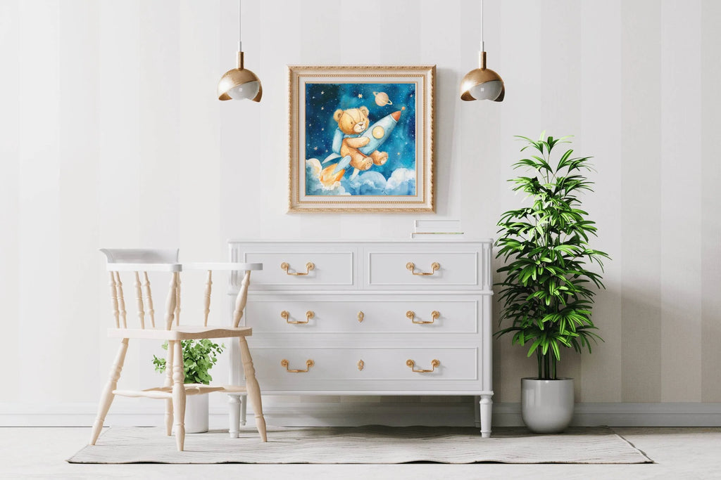 Painting of Teddy Riding a Rocket in Space - beink online art store
