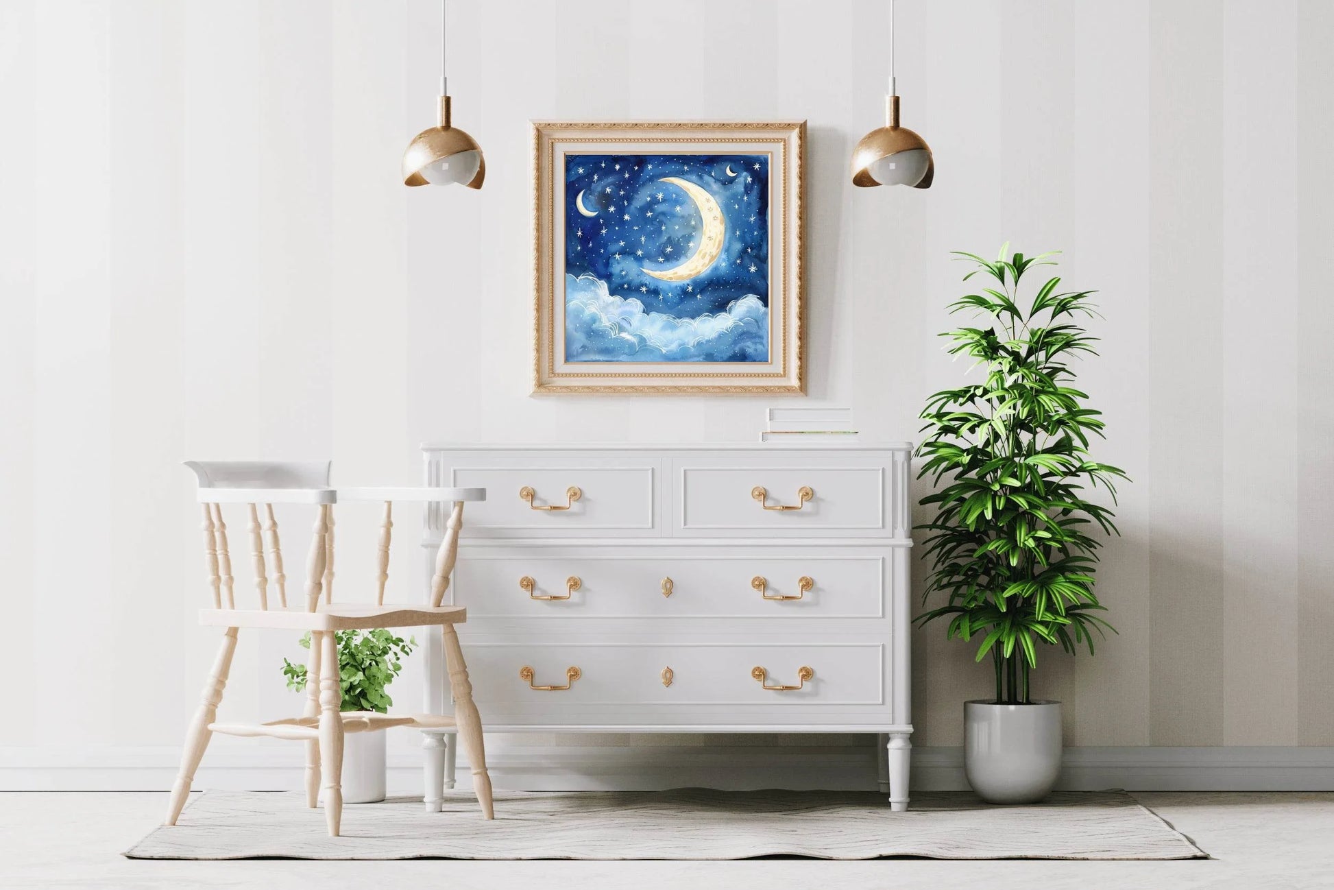 Watercolor Night Sky With Moon And Stars - beink online art store