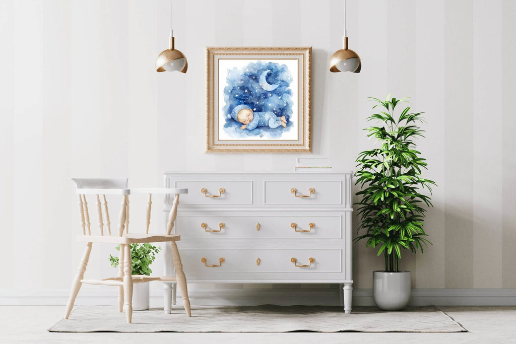 Watercolor Baby Sleeping On The Moon - beink online art store