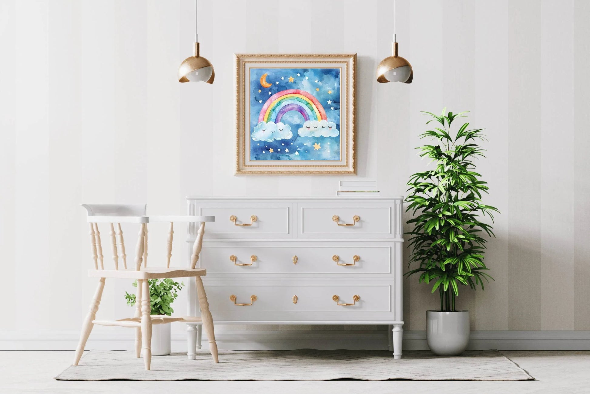 Rainbow and Clouds Watercolor Drawing Wall Art - beink online art store