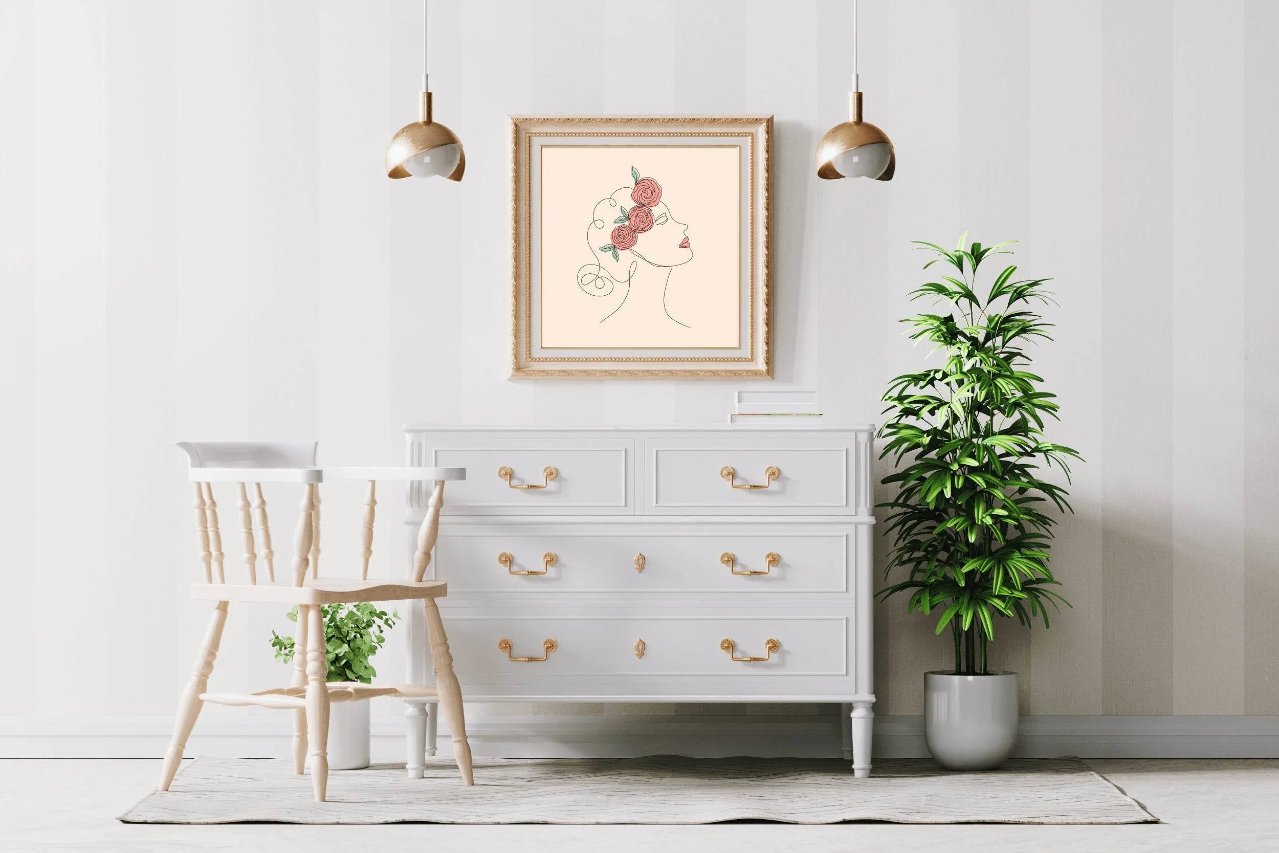 Beautiful Woman And Flower Art Line - beink online art store