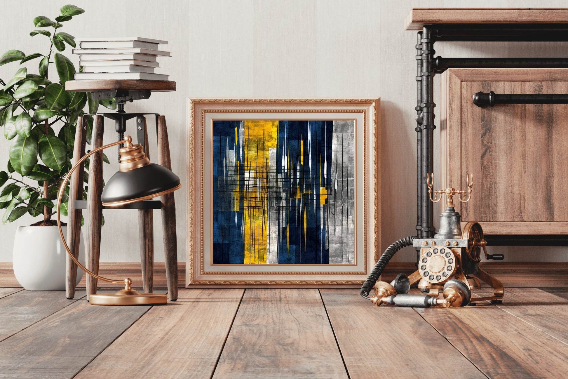 Yellow and Blue Sharp Strokes Abstract Wall Art - beink online art store