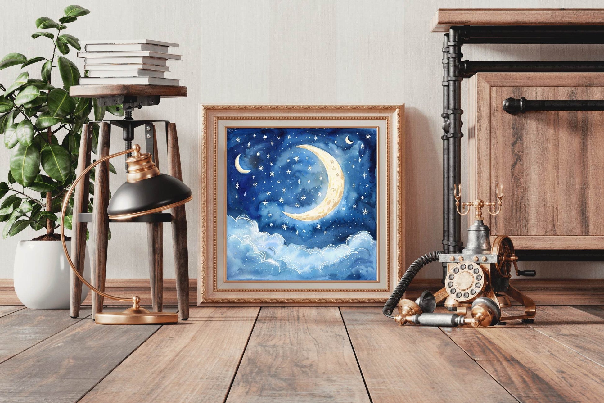 Watercolor Night Sky With Moon And Stars - beink online art store