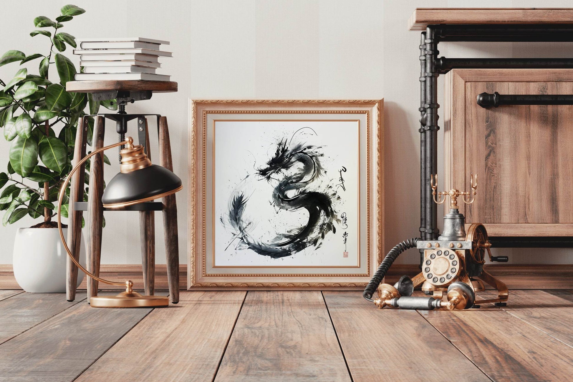 Black Watercolor Chinese Dragon Modern Wall Art - beink online art store