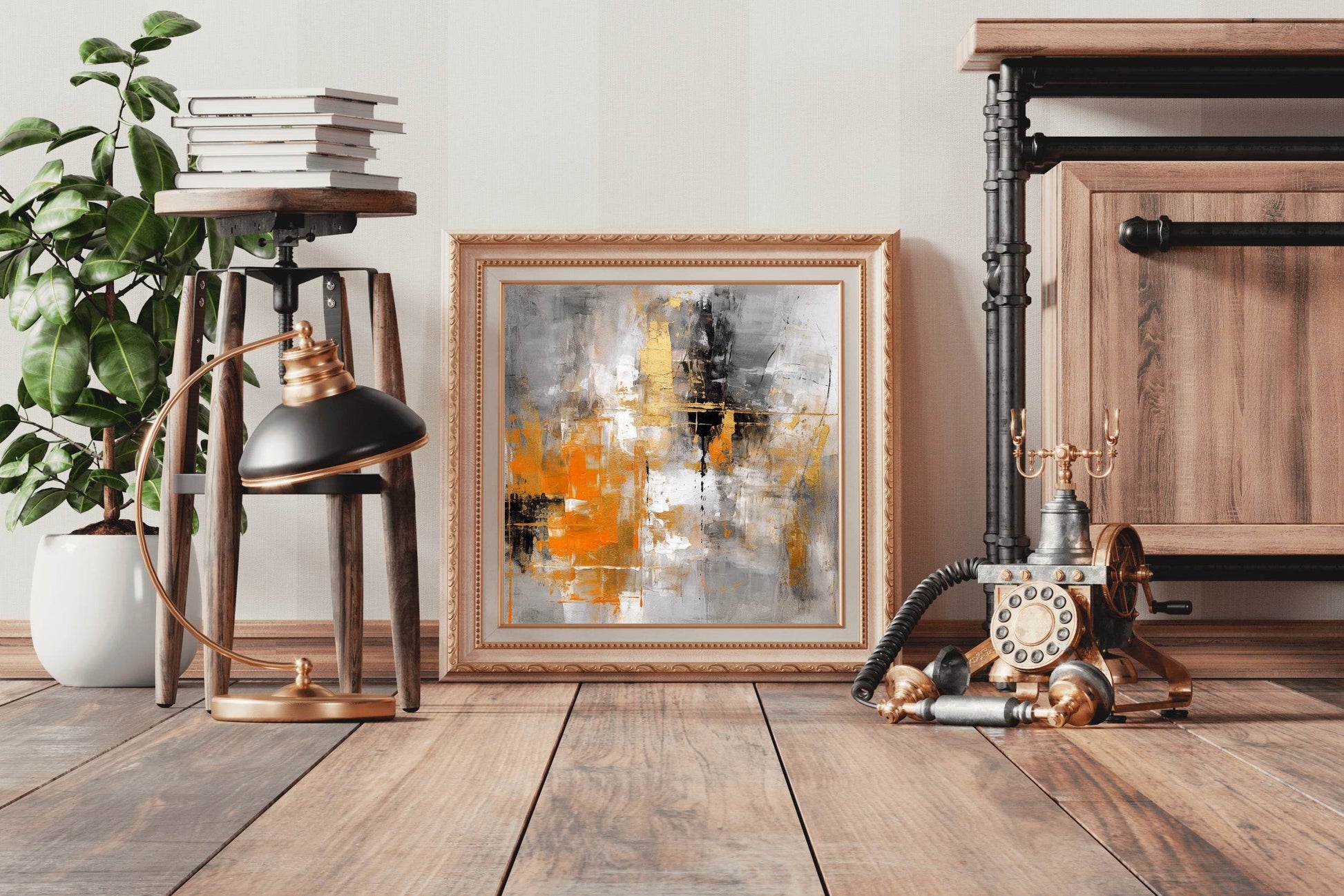 Vibrant Orange and Black Brush Strokes Abstract Wall Art - beink online art store