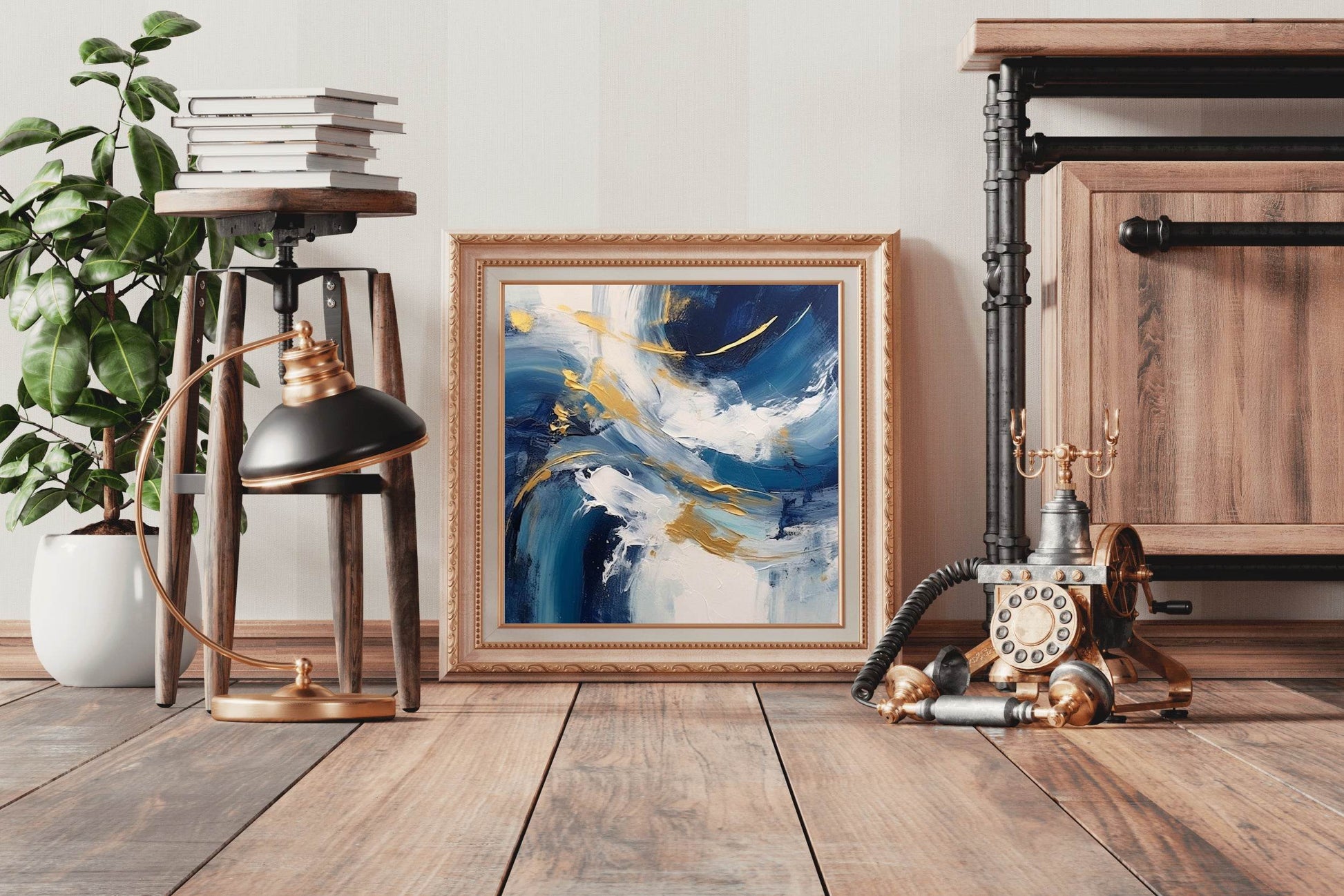 Gold and Blue Textured Abstract Wall Art - beink online art store