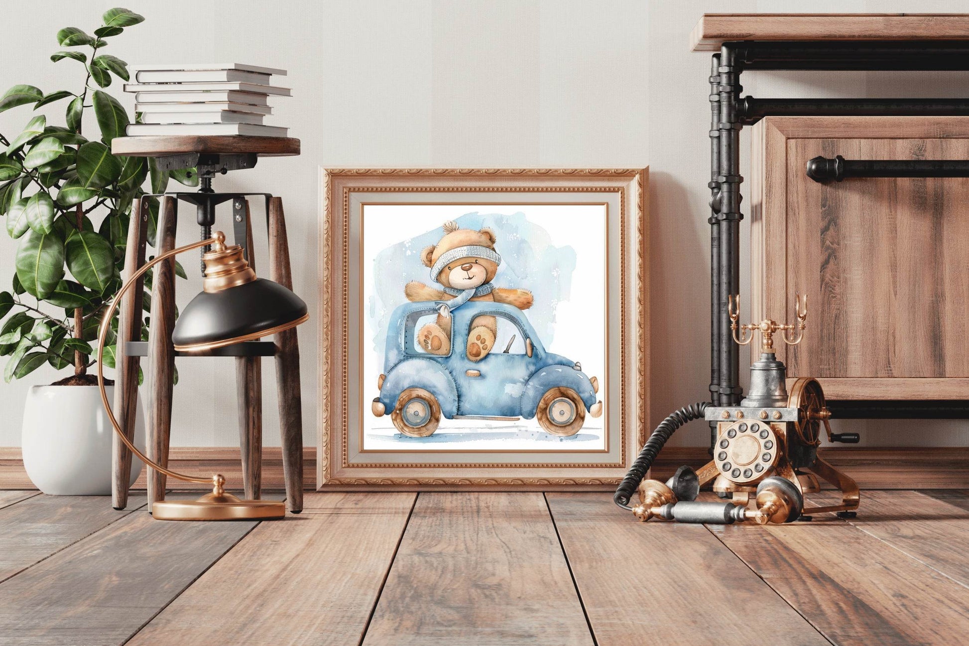 Drawing of Teddy Bear In Blue Car - beink online art store