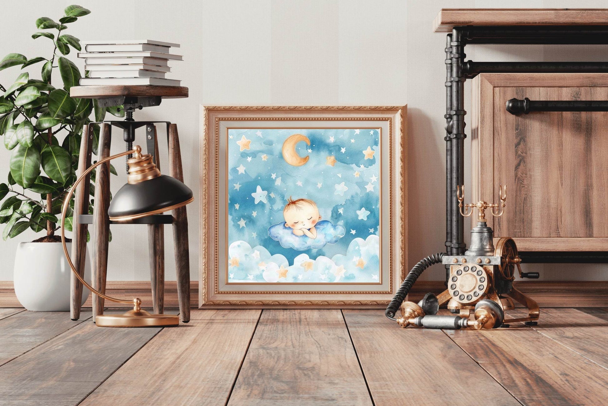 Watercolor Painting of Little Baby Sleeping in Clouds - beink online art store