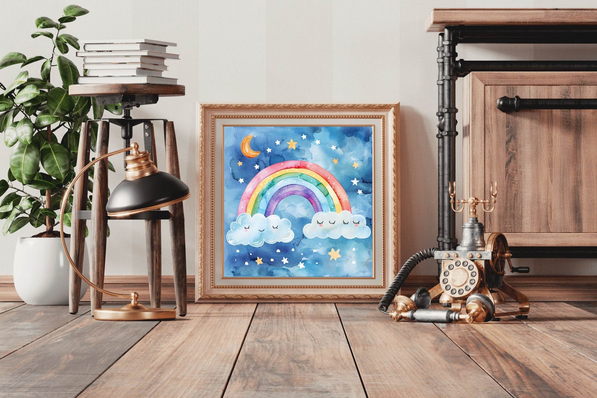 Rainbow and Clouds Watercolor Drawing Wall Art - beink online art store