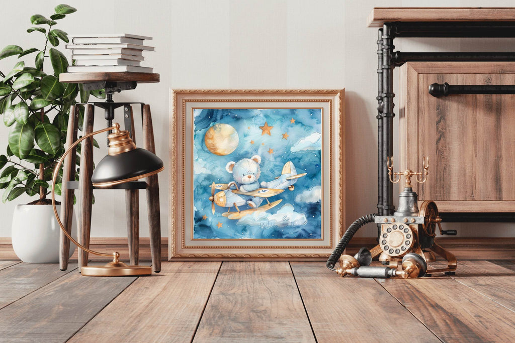 Watercolor Painting of Blue Teddy Flying Aeroplane - beink online art store