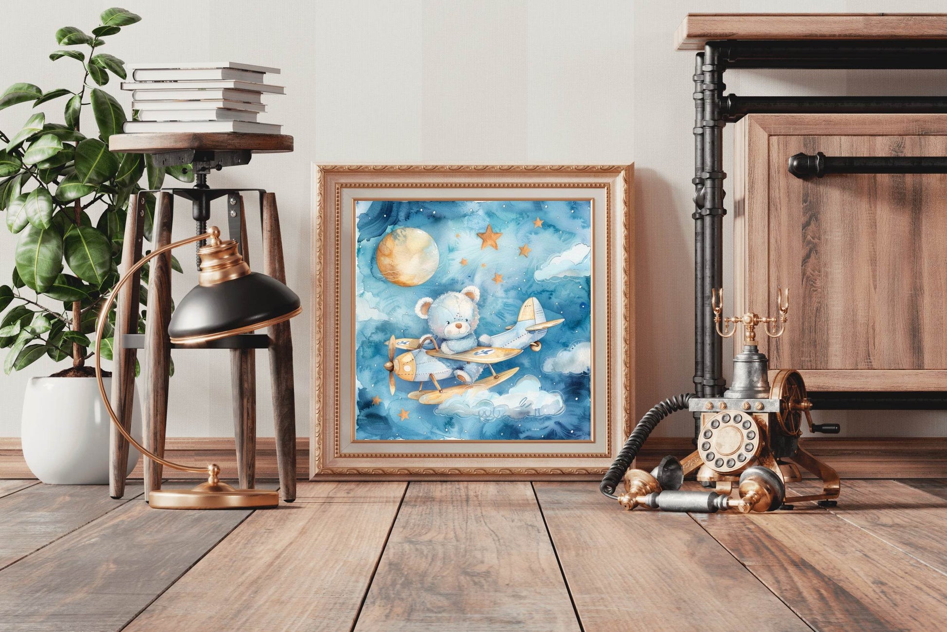 Watercolor Painting of Blue Teddy Flying Aeroplane - beink online art store