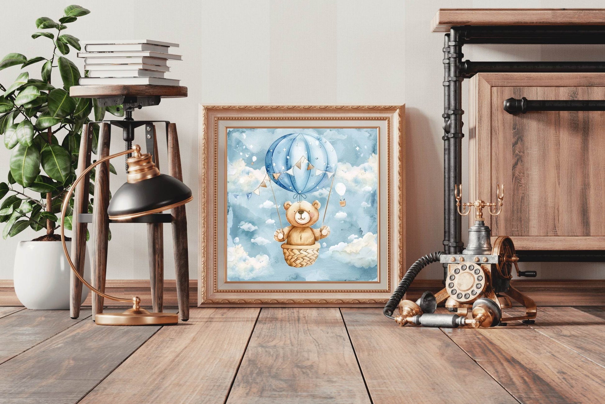Watercolor Painting of Teddy in Hot Air Balloon - beink online art store