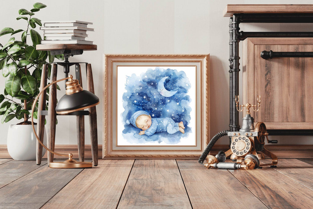 Watercolor Baby Sleeping On The Moon - beink online art store