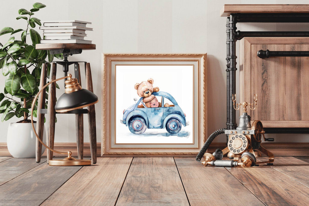 Drawing of a Teddy Travelling in Blue Car - beink online art store