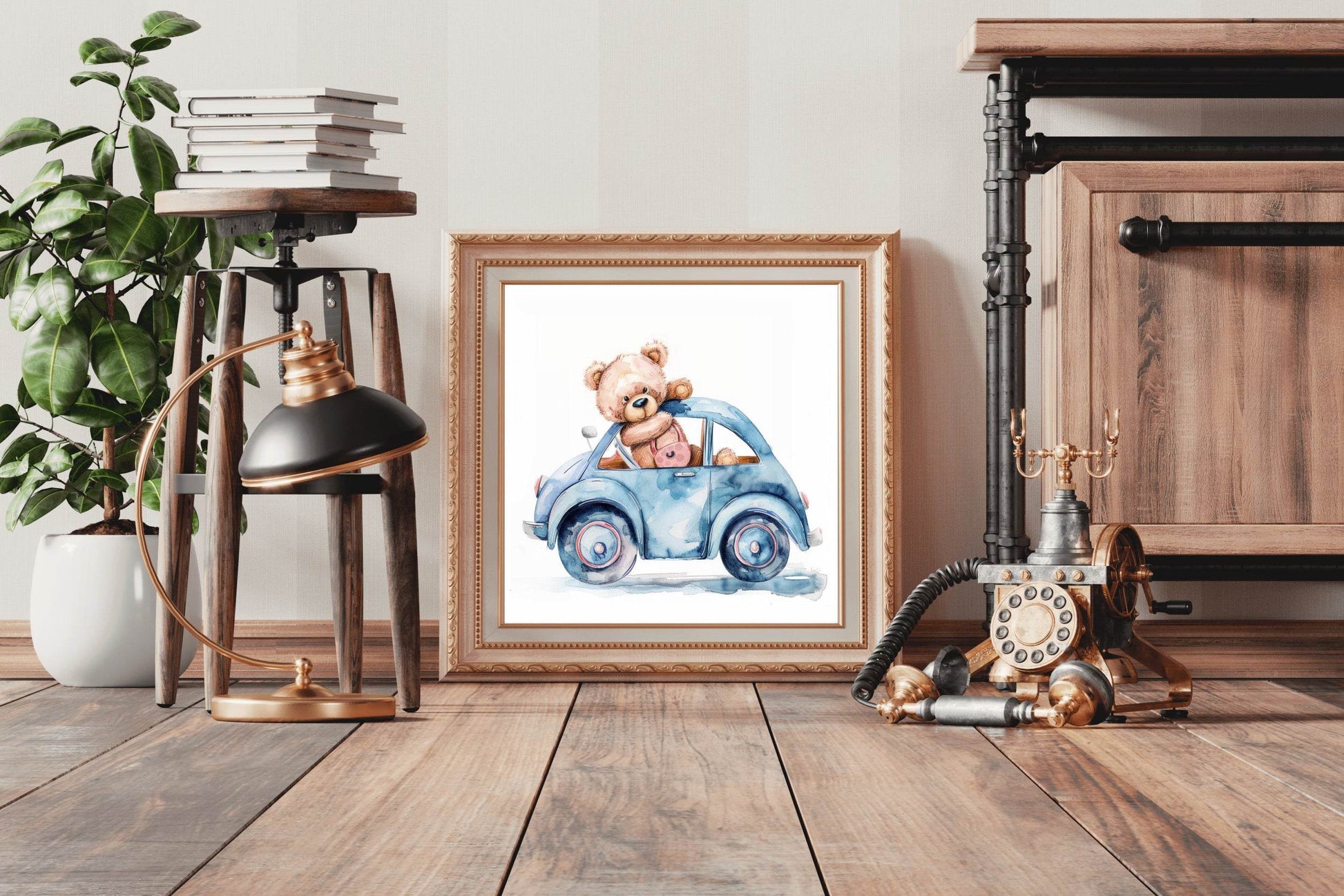 Drawing of a Teddy Travelling in Blue Car - beink online art store