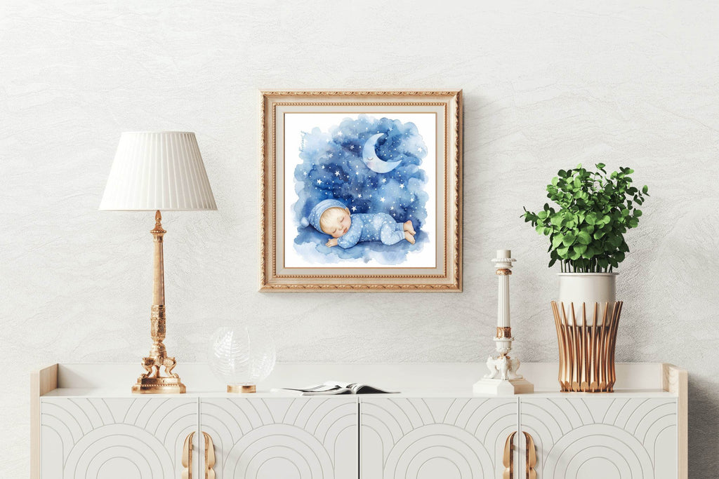 Watercolor Baby Sleeping On The Moon - beink online art store