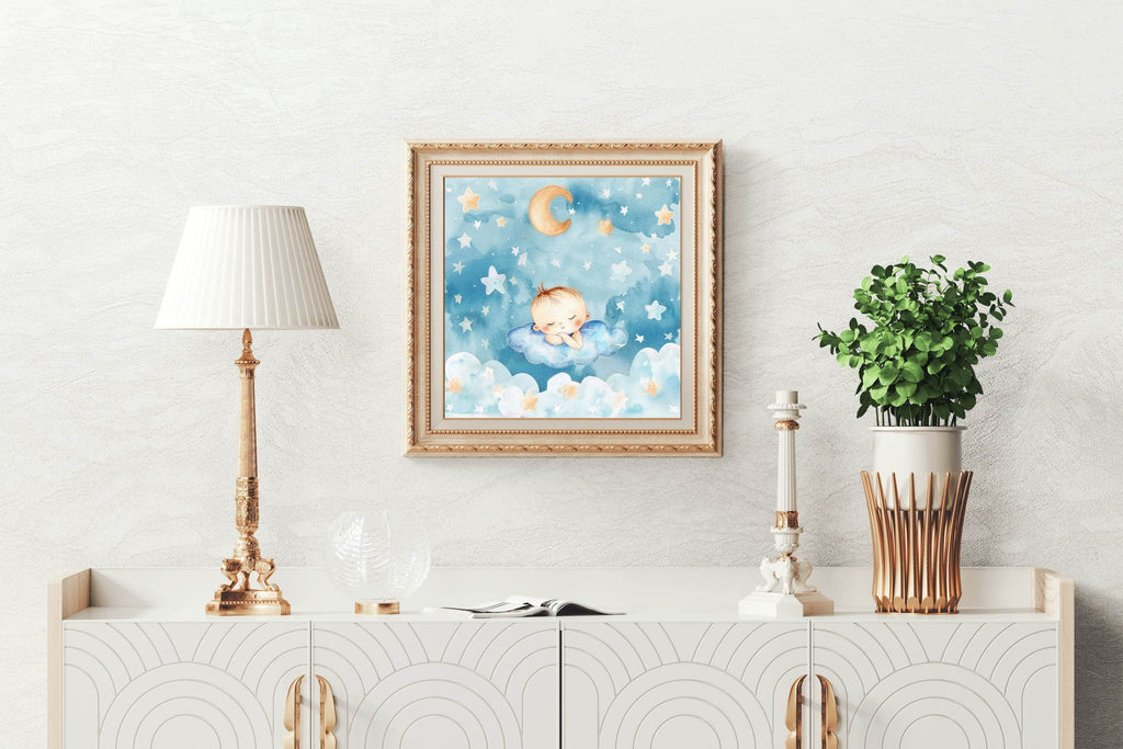 Watercolor Painting of Little Baby Sleeping in Clouds - beink online art store