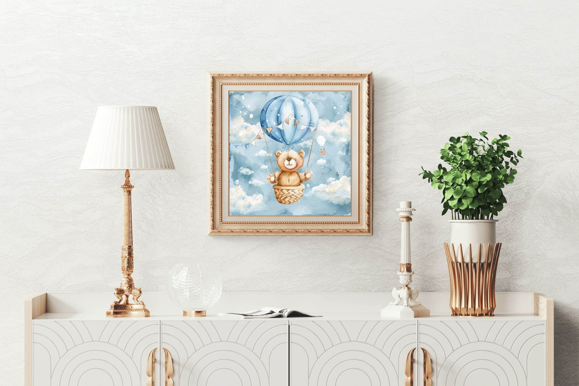 Watercolor Painting of Teddy in Hot Air Balloon - beink online art store